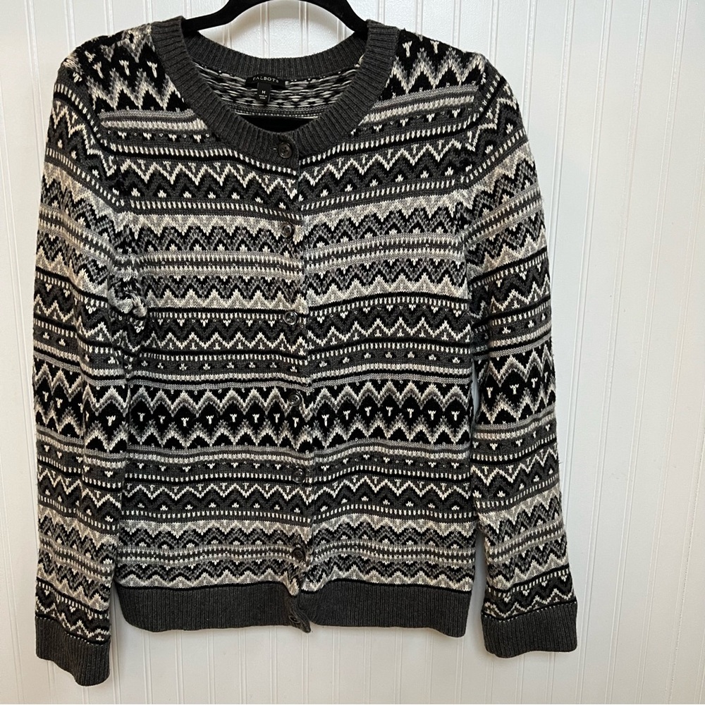 Talbots Black, Gray & White Fair Isle Button Up Cardigan Women’s Medium